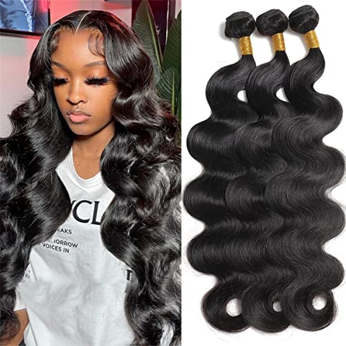 10A Body Wave Bundles Human Hair 16 18 20 Inch Brazilian Virgin Human Hair Bundles Body Wave 100% Unprocessed Weave Bundles Human Hair 3 Bundles Deals Natural Black Color