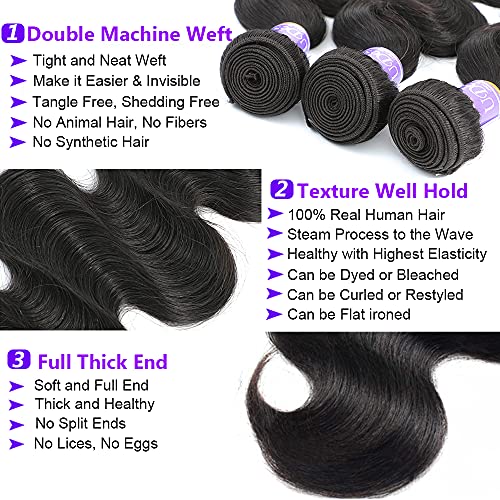 10A Brazilian Body Wave Virgin Hair Weave Bundles 3 Pack 14 16 18 Inch Natural Black - Image 3