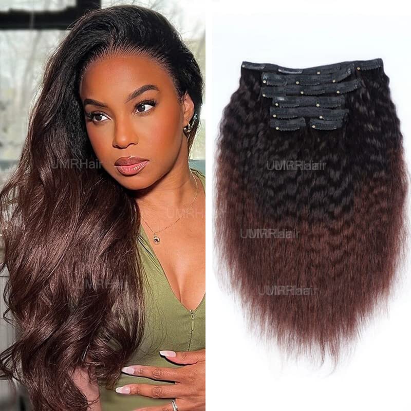 10inch Kinky Straight Clip ins Human Hair Extensions 1B/3# Ombre Dark Brown Brazilian Real Human Hair for Black Women 8pcs 100g Seamless Yaki Straight Clip in Hair Extension Double Wefts Full Head