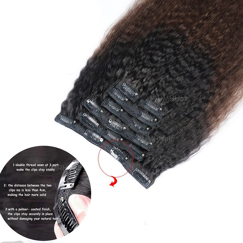 10inch Kinky Straight Clip ins Human Hair Extensions 1B/3# Ombre Dark Brown Brazilian Real Human Hair for Black Women 8pcs 100g Seamless Yaki Straight Clip in Hair Extension Double Wefts Full Head - Image 3