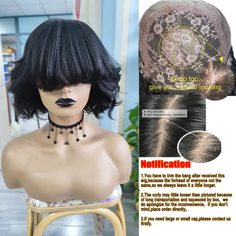 10inch Short Yaki Wavy Bob Human Hair Wig with Bangs 180% Density Short Cut Scalp Wig None Lace Italian Yaki Human Hair Wigs Glueless Wavy Black Bob Bangs Scalp Top Human Hair for Women - Image 6