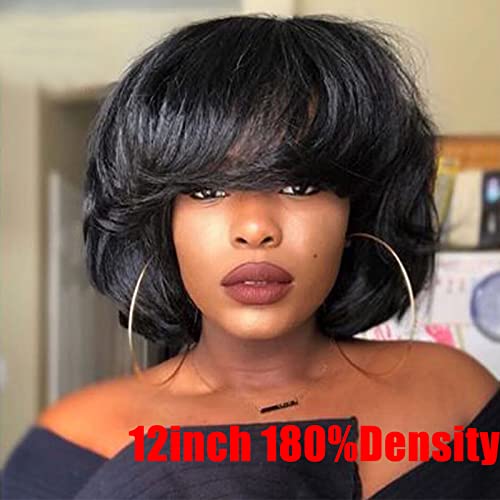 10inch Short Yaki Wavy Bob Human Hair Wig with Bangs 180% Density Short Cut Scalp Wig None Lace Italian Yaki Human Hair Wigs Glueless Wavy Black Bob Bangs Scalp Top Human Hair for Women - Image 3