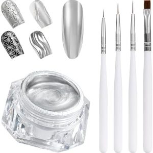 10ml Metallic Painting Gel, Silver Painted Gel Nail Polish, Mirror Nail Gel Polish, 3D Metal Painting Gel with 4pcs Nail Art Brushes, Glossy Soak off UV/LED Home Salon DIY Manicure