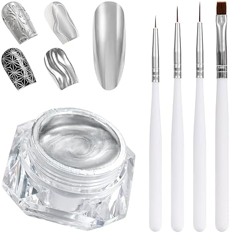 10ml Metallic Painting Gel, Silver Painted Gel Nail Polish, Mirror Nail Gel Polish, 3D Metal Painting Gel with 4pcs Nail Art Brushes, Glossy Soak off UV/LED Home Salon DIY Manicure