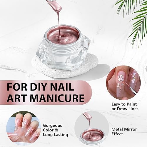 10ml Rose Gold Metallic Gel Nail Polish Kit with 4 Nail Art Brushes for DIY Manicure - Image 5