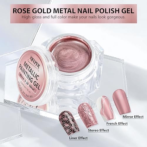 10ml Rose Gold Metallic Gel Nail Polish Kit with 4 Nail Art Brushes for DIY Manicure - Image 3