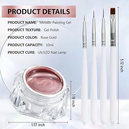 10ml Rose Gold Metallic Gel Nail Polish Kit with 4 Nail Art Brushes for DIY Manicure - Image 8