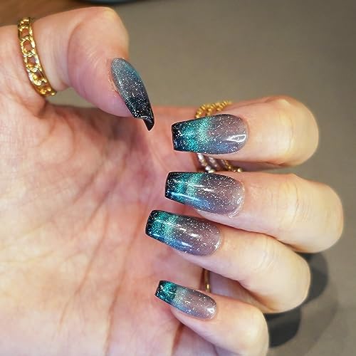 10 Piece Deep Blue Glitter Starry Night Long Coffin Cat Eye Press On Nails - Reusable Glossy Acrylic
