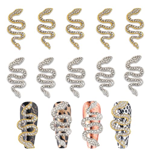 10Pcs Nail Charms Snake Jewelry for Nails, HOINCO 3D Snake Nail Art Charms Retro Alloy Snake Nail with Zircon Gold&Sliver, Wave Crystal Rhinestones and Diamond Metal Jewelry for Nail Art Decor DIY