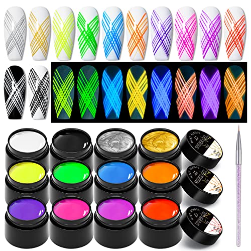 12 Colors Glow in the Dark Spider Gel for Nail Art - 15ml Each Pot