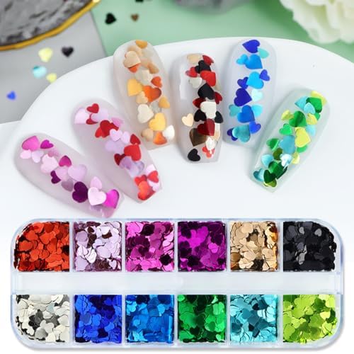 12 Colors Heart Nail Art Glitter Sequins 3D Holographic Valentine's Day Nail Art Flakes Colorful Nail Glitter Powder Heart Love Design Confetti Glitter Makeup DIY Manicure Decoration for Women - Image 5