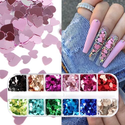 12 Colors Heart Nail Art Glitter Sequins 3D Holographic Valentine's Day Nail Art Flakes Colorful Nail Glitter Powder Heart Love Design Confetti Glitter Makeup DIY Manicure Decoration for Women - Image 2