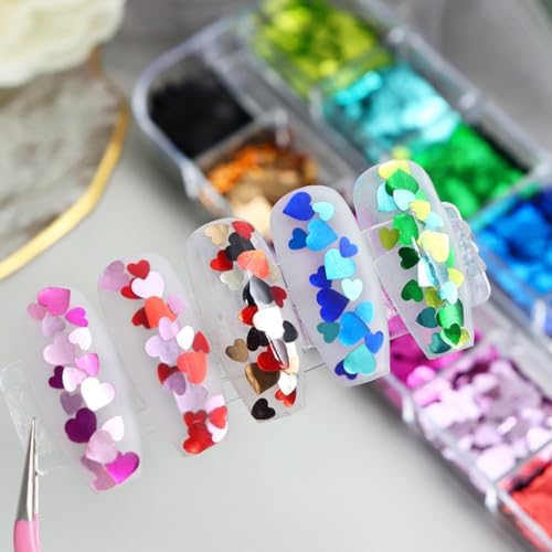 12 Colors Heart Nail Art Glitter Sequins 3D Holographic Valentine's Day Nail Art Flakes Colorful Nail Glitter Powder Heart Love Design Confetti Glitter Makeup DIY Manicure Decoration for Women - Image 6