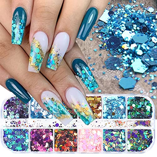 12 Colors Hexagon Chunky Glitter Sequins for Crafts and Nail Art Decoration