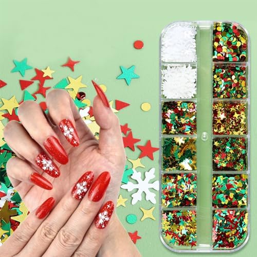 12 Grids Christmas Holographic Laser Snowflakes Stars Nail Glitters for Women DIY Acrylic Nails