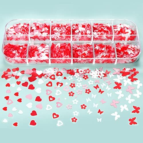 12 Grids Heart Nail Art Stickers 3D Heart Nail Glitter Sequins White Red Pink Butterfly Heart Glitter Flakes Heart Nail Decals Valentines Nail Design Supplies Confetti Glitter for Nail Art Decoration - Image 4