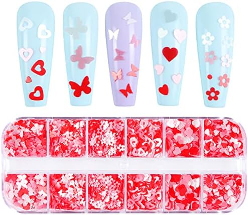 12 Grids Heart Nail Art Stickers 3D Heart Nail Glitter Sequins White Red Pink Butterfly Heart Glitter Flakes Heart Nail Decals Valentines Nail Design Supplies Confetti Glitter for Nail Art Decoration - Image 5