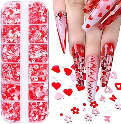 12 Grids Heart Nail Art Stickers 3D Heart Nail Glitter Sequins White Red Pink Butterfly Heart Glitter Flakes Heart Nail Decals Valentines Nail Design Supplies Confetti Glitter for Nail Art Decoration