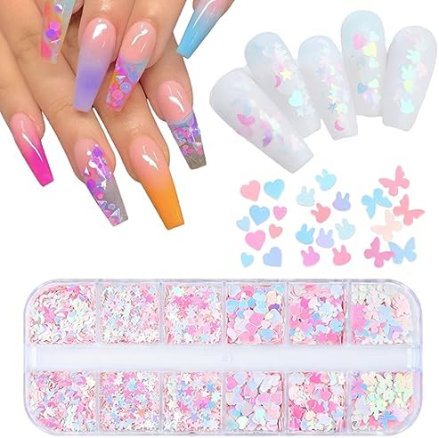 12 Grids Heart Star Nail Glitter Sequins 3D Butterfly Rabbit Pink Blue Nail Art Sequins Glitter Sparkle Nail Flakes Colorful Shiny Nail Art Designs for Women Nail Supplies Charms Nail Decorations