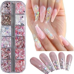 12 Grids Holographic Nail Glitter Mixed Shape Iridescent Glitter Flakes Hearts 3D Star Nail Gems DIY Nail Glitter for Nail Art Decoration Accessories Nail Glitters Acrylic Nails Sequins.