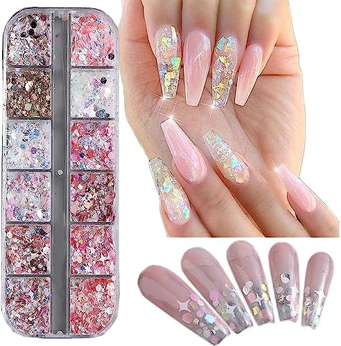 12 Grids Holographic Nail Glitter Mixed Shape Iridescent Glitter Flakes Hearts 3D Star Nail Gems DIY Nail Glitter for Nail Art Decoration Accessories Nail Glitters Acrylic Nails Sequins.