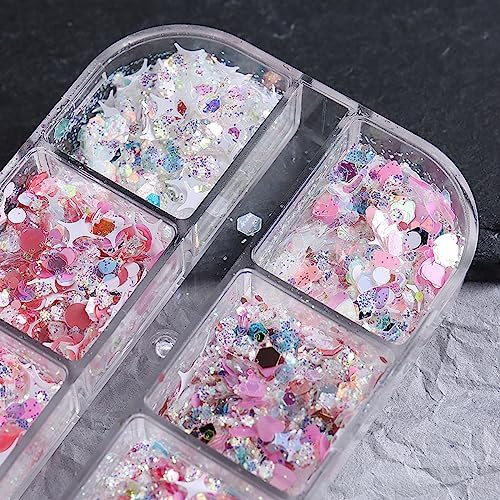 12 Grids Holographic Nail Glitter Mixed Shape Iridescent Glitter Flakes Hearts 3D Star Nail Gems DIY Nail Glitter for Nail Art Decoration Accessories Nail Glitters Acrylic Nails Sequins. - Image 3