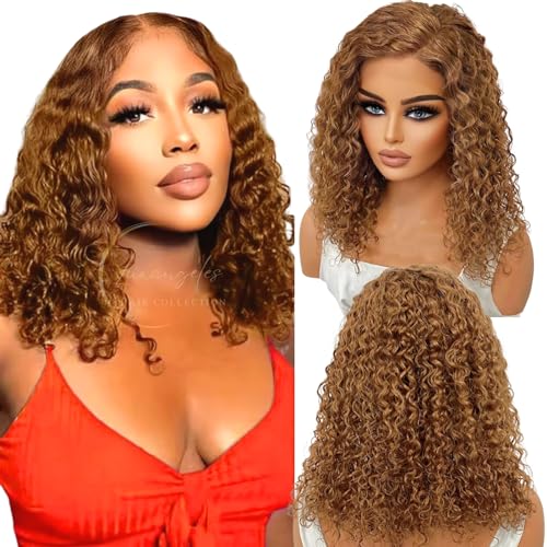 12" Honey Blonde Curly Wig Human Hair Pre Plucked Glueless Wig 13x4 Bright Brown Curly Wigs, Wet and Wavy Short Curly Bob Wig 150% with Natural Hairline Bleached Knots