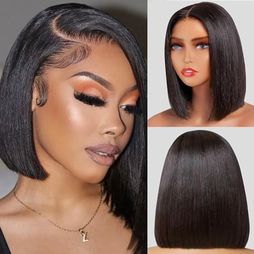 12-Inch Natural Black Bob Lace Front Human Hair Wig for Women, Stylish - Image 2