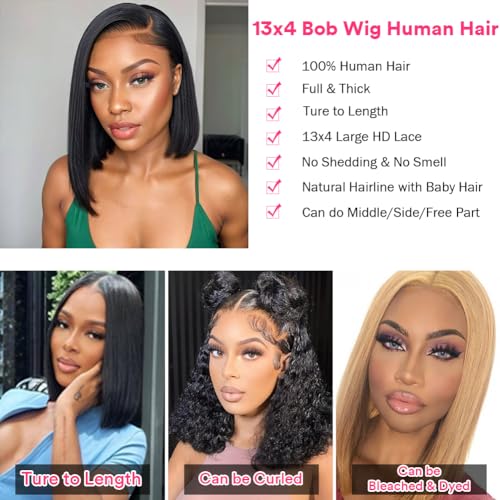 12-Inch Natural Black Bob Lace Front Human Hair Wig for Women, Stylish - Image 5