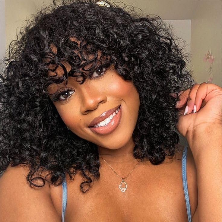 12 Inch Short Curly Bob Human Hair Wig with Bangs, Glueless Wear and Go for Women
