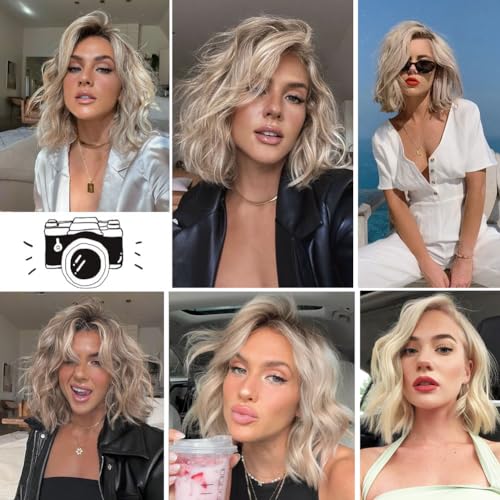 12" Ombre Blonde Curly Wavy Short Bob Wig With Bangs For Girls Women Daily Use Shoulder Length Side Part Synthetic Hair Replacement Wigs Natural Looking Brown To Dirty Blonde Cosplay Wig - Image 5