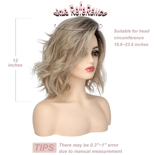 12" Ombre Blonde Curly Wavy Short Bob Wig With Bangs For Girls Women Daily Use Shoulder Length Side Part Synthetic Hair Replacement Wigs Natural Looking Brown To Dirty Blonde Cosplay Wig - Image 6