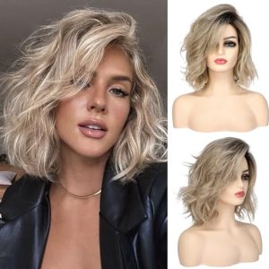 12" Ombre Blonde Curly Wavy Short Bob Wig With Bangs For Girls Women Daily Use Shoulder Length Side Part Synthetic Hair Replacement Wigs Natural Looking Brown To Dirty Blonde Cosplay Wig