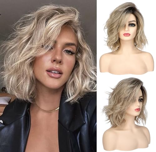 12" Ombre Blonde Curly Wavy Short Bob Wig With Bangs For Girls Women Daily Use Shoulder Length Side Part Synthetic Hair Replacement Wigs Natural Looking Brown To Dirty Blonde Cosplay Wig
