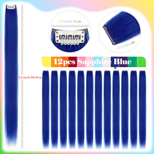 12 PCS Colored Blue Hair Extensions Clip in Hair Extensions Colorful 24 Inch Straight Synthetic Hairpiece Colored Hair Extensions for Kids Girls Women Party Highlights - Image 2