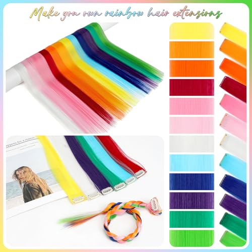 12 PCS Colored Blue Hair Extensions Clip in Hair Extensions Colorful 24 Inch Straight Synthetic Hairpiece Colored Hair Extensions for Kids Girls Women Party Highlights - Image 4