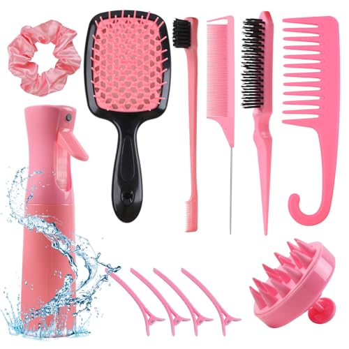 12 pcs Hair Brush Set,Detangler Brush with Hair Spray Bottle Scalp massager for Wet Dry Curly Hair, Bristle Hair Brush Hair Comb for Women Girl,Hair Styling Tools (Pink)