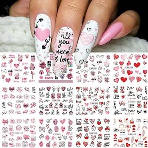 12 Sheets Valentine's Day Nail Art Stickers for Women - Water Transfer Designs with Hearts, Letters, and Cartoon Bears