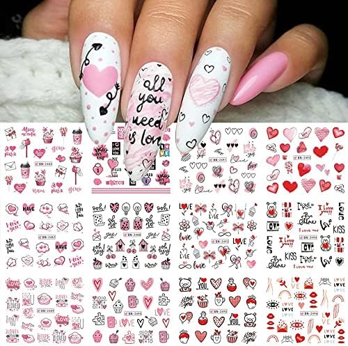 12 Sheets Valentine's Day Nail Art Stickers for Women - Water Transfer Designs with Hearts, Letters, and Cartoon Bears