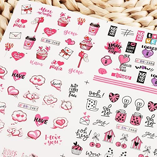 12 Sheets Valentine's Day Nail Art Stickers for Women - Water Transfer Designs with Hearts, Letters, and Cartoon Bears - Image 4