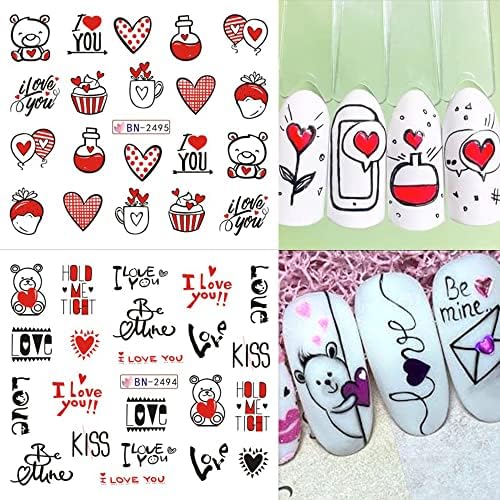 12 Sheets Valentine's Day Nail Art Stickers for Women - Water Transfer Designs with Hearts, Letters, and Cartoon Bears - Image 2