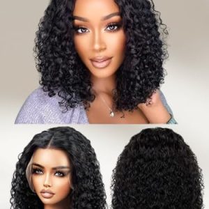 12" Short Curly Bob Wig Human Hair Pre Plucked Pre Cut Lace Wig Natural, Glueless Curly Wigs Human Hair 13x4 Deep Wave Closure Wig 150 Density Curly Glueless Wig Bleached Knots