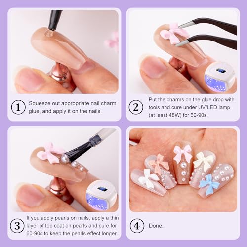 120 Pcs 3D Nail Bow Charms + 2-4mm Nail Pearls Set 1, 6 Colors Cute Bow Charms and White Flatback Pearls with Nail Charm Glue Gel(UV Needed) and Pickup Tools for Nail Art Decoration - Image 5