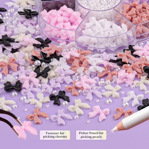 120 Pcs 3D Nail Bow Charms + 2-4mm Nail Pearls Set 1, 6 Colors Cute Bow Charms and White Flatback Pearls with Nail Charm Glue Gel(UV Needed) and Pickup Tools for Nail Art Decoration - Image 3