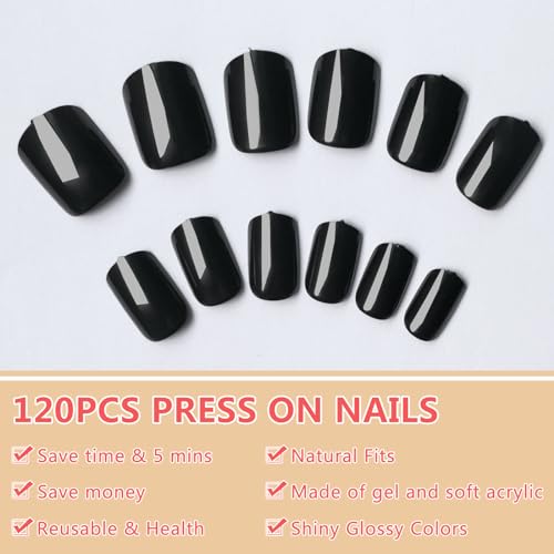 120pcs Glossy Black Short Square Press on Nails with Adhesive Tabs for Women and Girls - Image 5