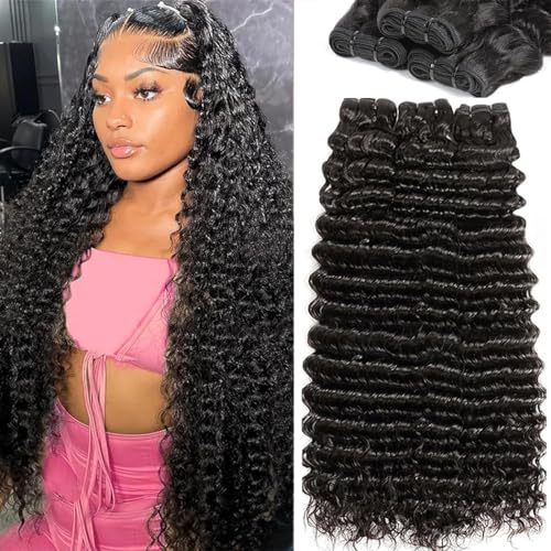 12A Deep Wave Human Hair Bundles 16 18 20 22 Inch Brazilian Deep Curly Bundles Human Hair 4 Bundles 100% Unprocessed Virgin Remy Wet and Wavy Human Hair Weave Bundles Deals Natural Black