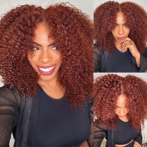 12A Reddish Brown Kinky Curly Lace Front Wigs Human Hair 13x4 HD Transparent Lace Frontal Wigs Copper Red Colored Glueless Wigs Pre Plucked with Baby Hair #33B Color 180% Density 18 Inch - Image 3