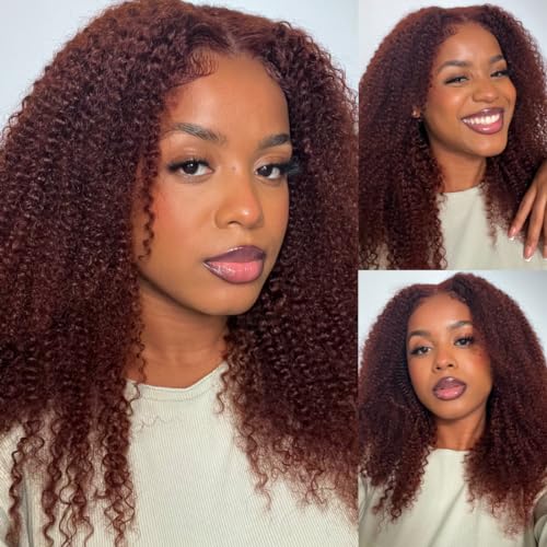 12A Reddish Brown Kinky Curly Lace Front Wigs Human Hair 13x4 HD Transparent Lace Frontal Wigs Copper Red Colored Glueless Wigs Pre Plucked with Baby Hair #33B Color 180% Density 18 Inch