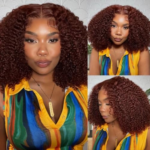 12A Reddish Brown Kinky Curly Lace Front Wigs Human Hair 13x4 HD Transparent Lace Frontal Wigs Copper Red Colored Glueless Wigs Pre Plucked with Baby Hair #33B Color 180% Density 18 Inch - Image 4
