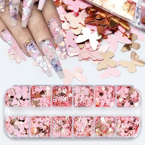 12Grids Valentine's Day Nail Glitter Sequins Holographic Gold Pink Heart Nail Art Glitter Flakes 3D Flower Rabbit Butterfly Charm Nail Sequins Glitter Nail Supplies for Acrylic Nail Decor Accessories - Image 3